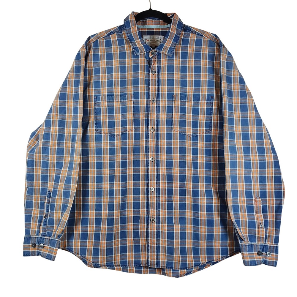 32‎ Bar Blues Mens Plaid Long Sleeve Button Down Shirt XXL Blue Orange Cotton